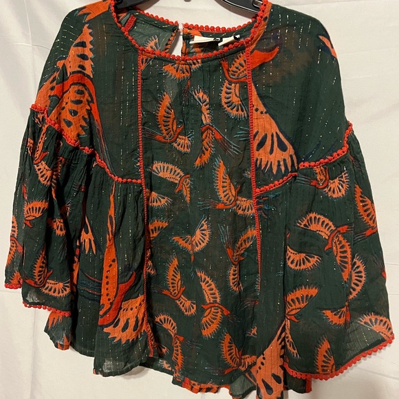 SOLD**** Rachel Zoe L Phoenix bird novelty print top Bell balloon sleeves - Picture 2 of 16